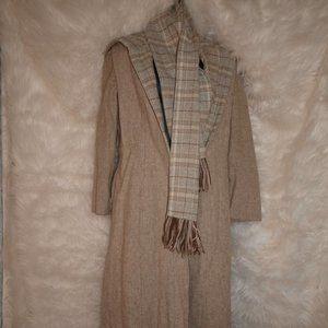 Light Brown Long Dress Coat with Plaid Liner and Matching Scarf Size OS USED